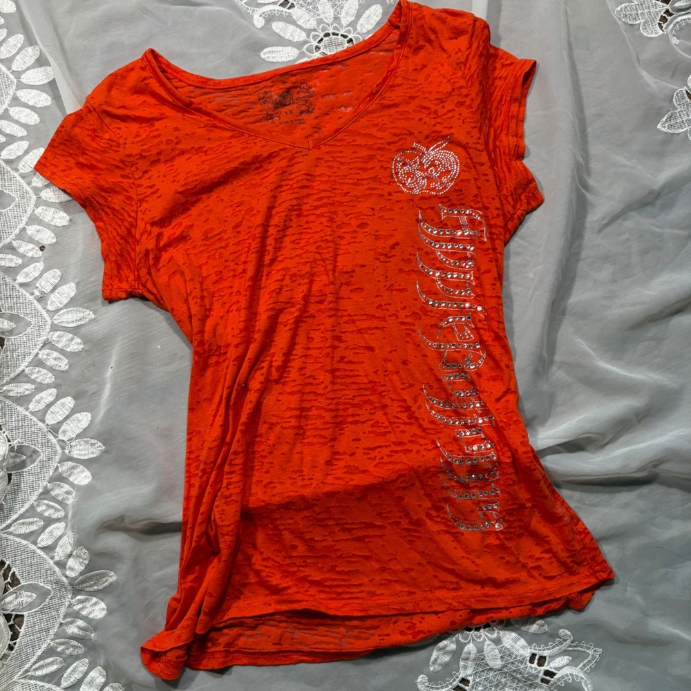 Y2K McBling Apple Bottoms Orange Burnout Rhinestone Logo V-Neck T-Shirt Women 1X